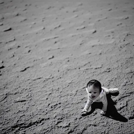 Prompt: an infant child crawling on the surface of the moon, 🌕, baby, human, crawl, canon eos r 3, f / 1. 4, iso 2 0 0, 1 / 1 6 0 s, 8 k, raw, unedited, symmetrical balance, wide angle