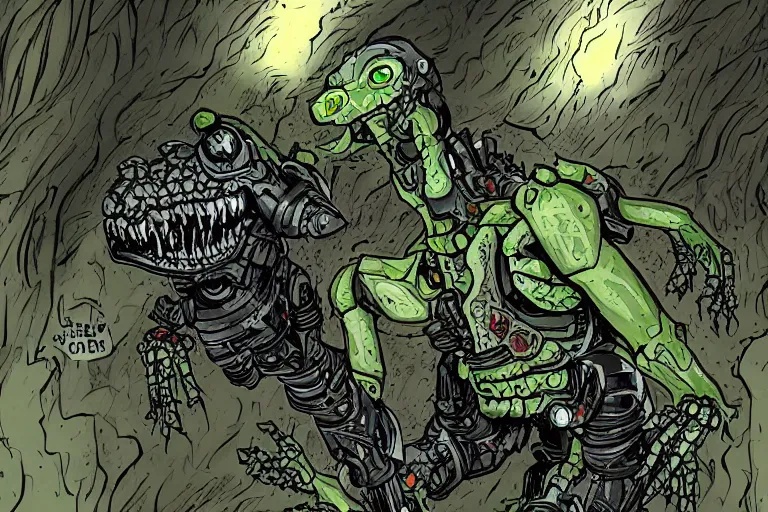 Prompt: bio zombie mecha cyborg lizard troll fearful 5 3 8 4 8 and dangerous creature in a sinister dark cave.