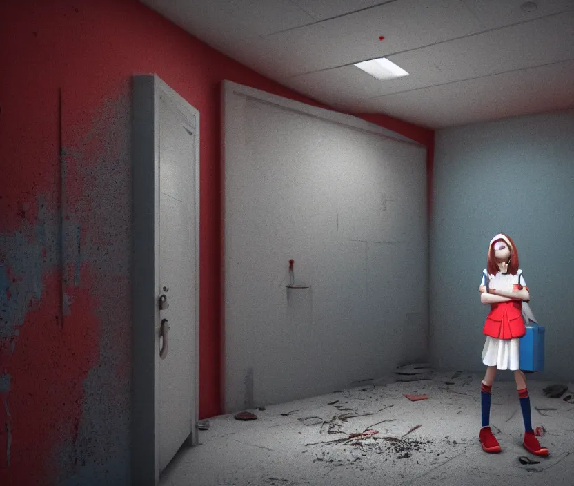 Image similar to school girl standing on an abandoned hospital room with red ceiling lighting and several blue lights on the walls, gloomy and foggy atmosphere, octane render, artstation trending, horror scene, highly detailded