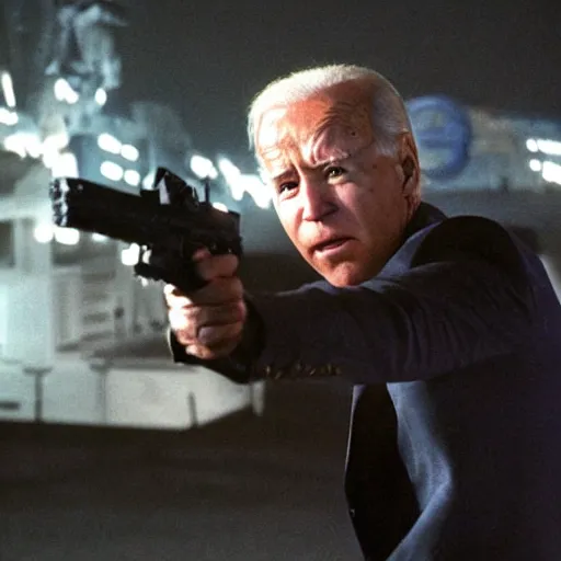 Image similar to joe biden in the terminator executing donald trump, cinematic, establishing shot, extremly high detail, photorealistic, cinematic lighting, style by James Gurney