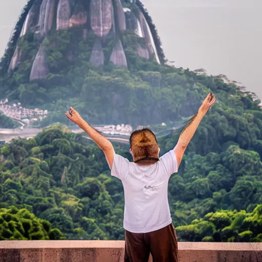 Image similar to high quality portrait of a monkey in front of Christ The Redeemer, studio photograph, photograph, realistic photo, 8k photo, 4k photo, stock photo, high resolution, cinematic shot, high detail