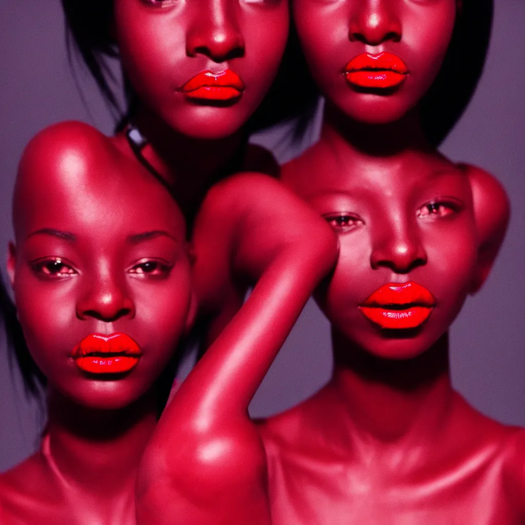 Prompt: medium shot, photograph of alluring dark skin female robot looking into camera, red lipstick, sharp focus,, chromatic abberations, as fashion editorial 9 0 s