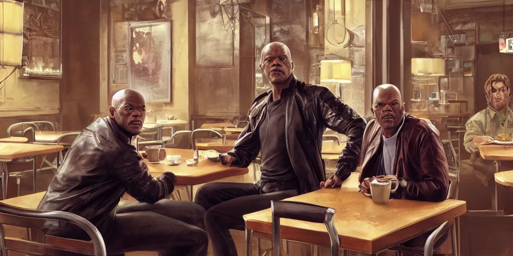 Prompt: painting highly detailed full - body samuel l jackson and john travolta posing in cafe, perfect symmetrical eyes, by eddie mendoza and tyler edlin, 8 k resolution, digital art, hyper realistic