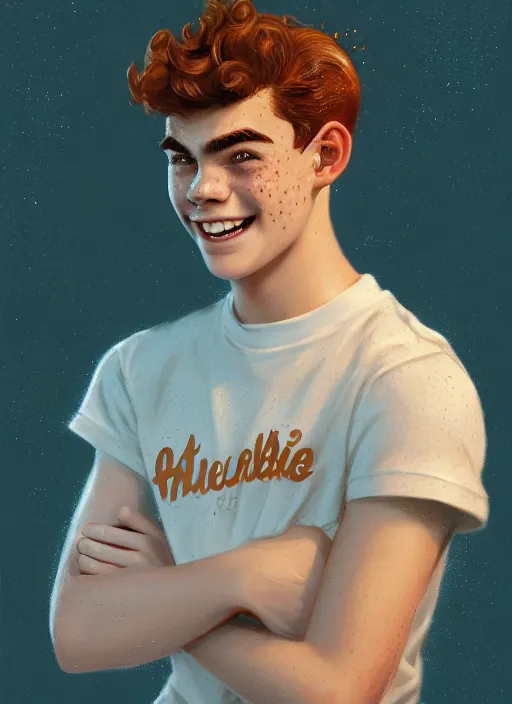 Image similar to portrait of teenage archie andrews, freckles, curly middle part haircut, curly hair, smiling kindly, friendly, 1 9 5 0 s, intricate, elegant, glowing lights, highly detailed, digital painting, artstation, concept art, smooth, sharp focus, illustration, art by wlop, mars ravelo and greg rutkowski