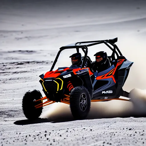 Prompt: action photography of a polaris rzr driving on the moon, 8 k photography, action sports