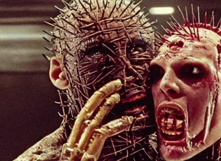 Image similar to a disgusting vile cenobite eating a man, cult horror, hellraiser inspired by The Thing, by Cronenberg and greg nicotero