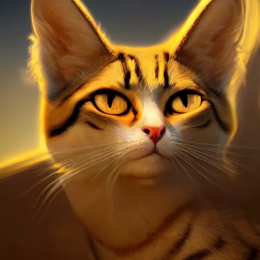 Image similar to egyptian cat, golden hour, fantasy, sharp focus, digital art, hyper realistic, 4 k, unreal engine, highly detailed, hd, dramatic lighting by brom, trending on artstation