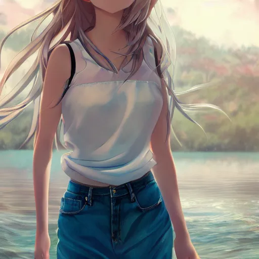 Image similar to a very beautiful anime girl, full body, long wavy blond hair, sky blue eyes, full round face, short smile, cute top, short jeans, summer lake setting, cinematic lightning, medium shot, mid-shot, highly detailed, trending on Artstation, Unreal Engine 4k, cinematic wallpaper by Stanley Artgerm Lau, WLOP, Rossdraws, James Jean, Andrei Riabovitchev, Marc Simonetti, and Sakimichan