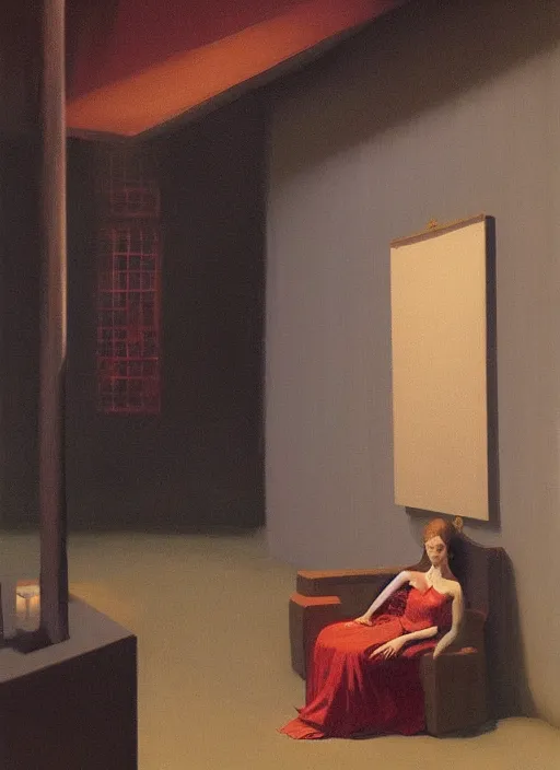 Prompt: woman sitting on a large throne next to a goat on rainy night by Edward Hopper and James Gilleard, Zdzislaw Beksinski, Katsuhuro Otomo highly detailed