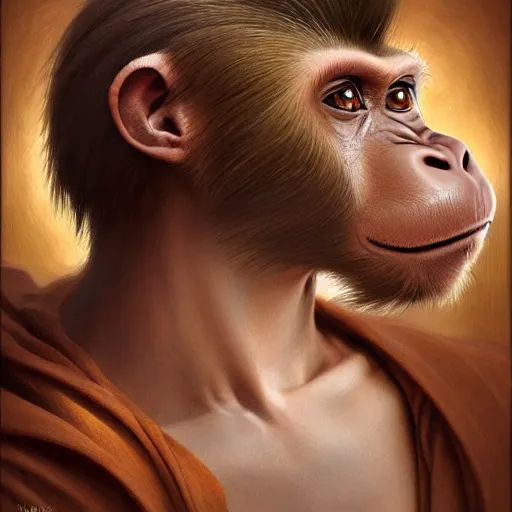 Image similar to portrait of a monkey with a humanoid face, male, handsome, masculine, full body, red hair, long hair, soft hair, fantasy, intricate, elegant, highly detailed, suit, coffee shop, digital painting, artstation, concept art, character art, smooth, sharp focus, illustration, art by artgerm and greg rutkowski and alphonse mucha