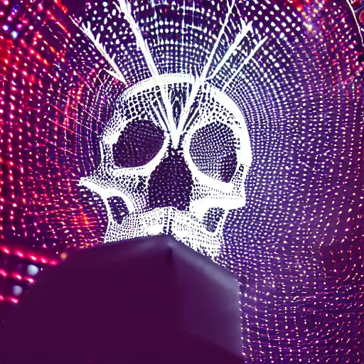 Prompt: a low poly disco skull full of long spikes, reflecting light in a nightclub, grainy film photograph