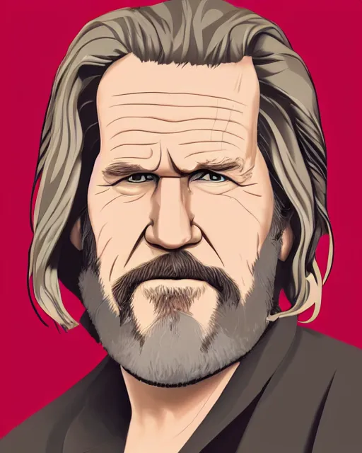 Image similar to cel - shaded portrait character art of jeff bridges in big lebowski, art, key art, movie poster