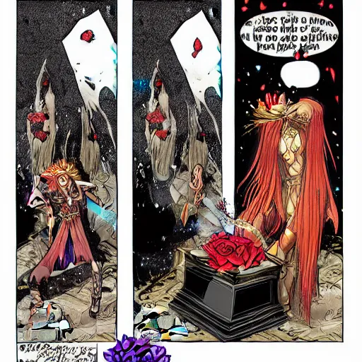 Image similar to The celestial warlock (a beautiful half elf with long red hair) clumsily knocks a single red rose from the top of a funerary urn, releasing an angry wraith from inside. The urn is on the floor, the rose is falling. Dramatic digital art illustration in comic book style by Simon Bisley