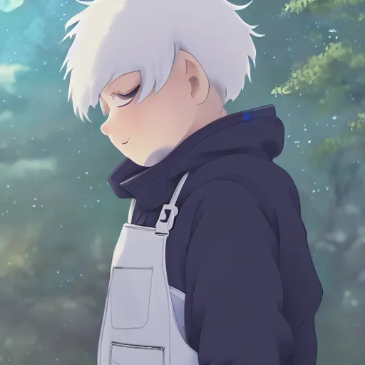 Image similar to overweight white cat cat wearing overalls and a long sleeved sweater, fursona, anthro, male, anime key visual, detailed white fur, makoto shinkai, portrait