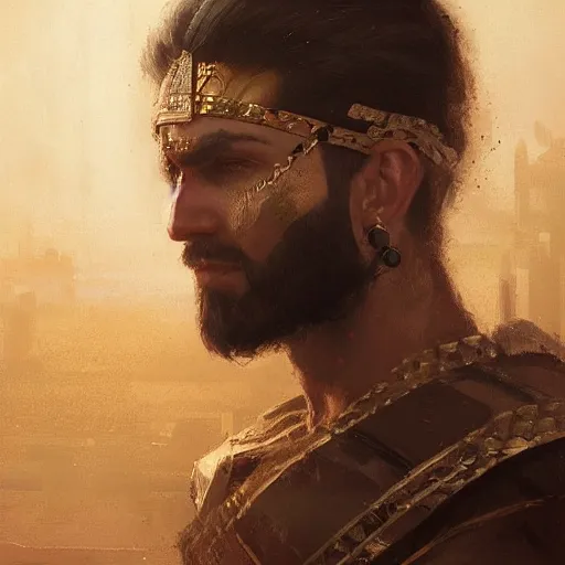 Image similar to a beautiful portrait of a babylonian warlord by greg rutkowski and adam hughes, highly realistic, intricate, detailed, 4 k textures, trending on artstation