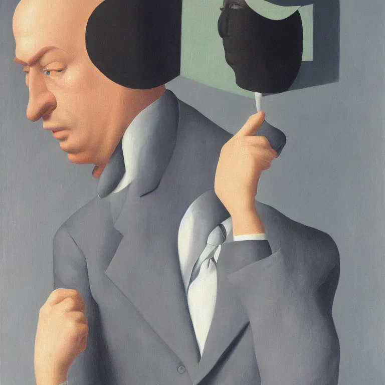 Image similar to portrait of man in a suit with covered face by rene magritte, detailed painting, hd, hq, high resolution, high detail, 4 k, 8 k