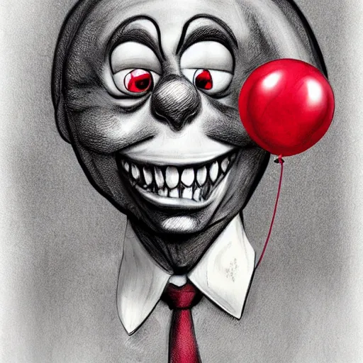 Prompt: surrealism grunge cartoon portrait sketch of a circular monster with a wide smile and a red balloon by - michael karcz, loony toons style, comic book style, horror theme, detailed, elegant, intricate