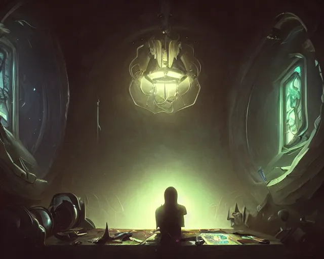 Image similar to a 4 k cinematic screenshot still portrait of a emo in a dark liminal space room listening to music wearing headphones, deep focus, d & d, fantasy, intricate, elegant, highly detailed, digital painting, artstation, concept art, matte, sharp focus, illustration, dark fantasy style art, hearthstone, art by artgerm and greg rutkowski and alphonse mucha