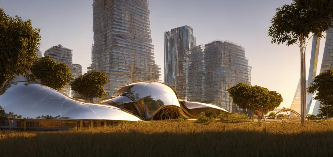 Prompt: abandoned futuristic shinny golden building designed by alien civilization, with overgrown vegetation in exuberant jungle, summer day evening dusk, shinny golden roads frank gehry and calatrava, glowing reflections, octane render redshift unreal engine, rule of thirds