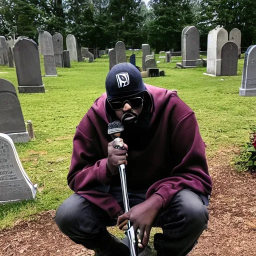 Image similar to MF DOOM rapping in a graveyard next to a dug out grave
