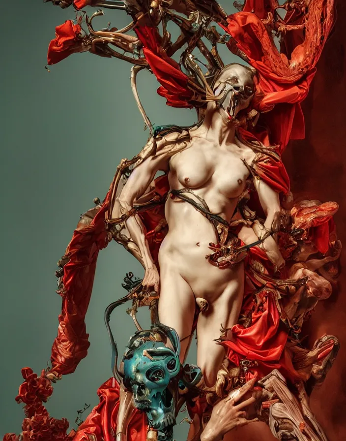 Prompt: biomechanical wear dress of a demon by Roberto Ferri. beautiful woman, silk, fabric, birds, flowers. red plastic. baroque elements, human skull. intricate artwork by caravaggio. halo. octane render, cinematic, hyper realism, octane render, 8k, depth of field, bokeh. iridescent accents. vibrant. teal and gold and red colour scheme