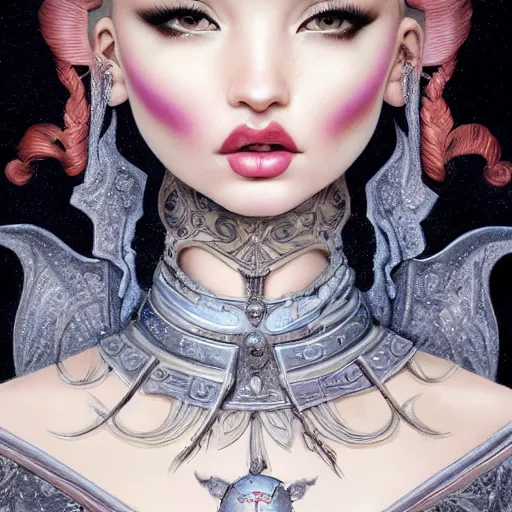 Image similar to tom bagshaw, very beautiful genetic mix of dove cameron madison beer bella poarch in a gorgeous magician armor, ornaments, gothic makeup, professionally retouched, focus eyes, ultra realistic soft painting, insanely detailed linework, partial symmetrical accurate intricate features, behance artstation, 8 k