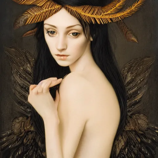 Image similar to highly detailed ilustration of a beautiful cute girl with feathers, endless black hair, with pale skin, by nicola samuri, by dino valls, by m. w. kaluta, rule of thirds, seductive look, 4 k resolution