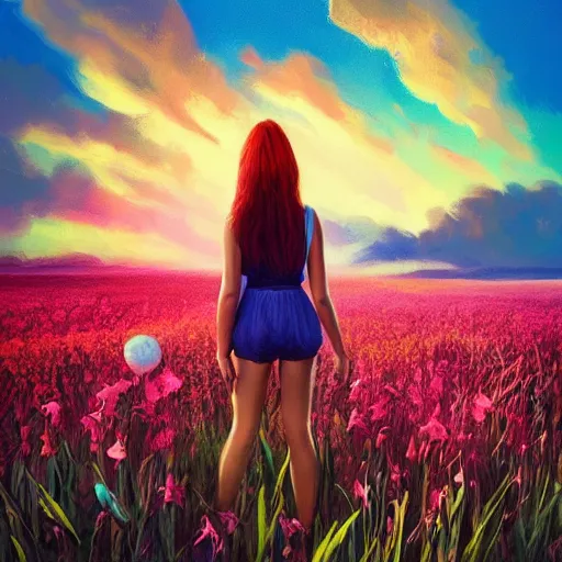 Image similar to giant gladiola flower as head, full body girl standing in a flower field, surreal photography, sunrise, dramatic light, impressionist painting, colorful clouds, digital painting, artstation, simon stalenhag