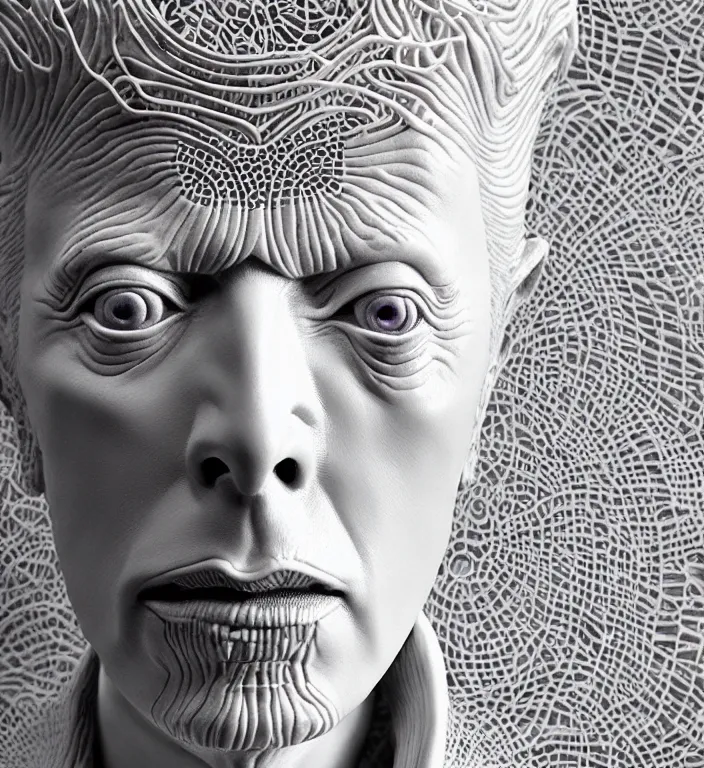 Image similar to David Bowie , A Close up photo-real delicate ceramic porcelain sculpture of a symmetrical ornate detailed in front of an intricate background by Victo Ngai and takato yamamoto, micro detail, backlit lighting, face in focus, subsurface scattering, translucent, thin porcelain, octane renderer, colorful, physically based rendering, japanese pottery, trending on cgsociety