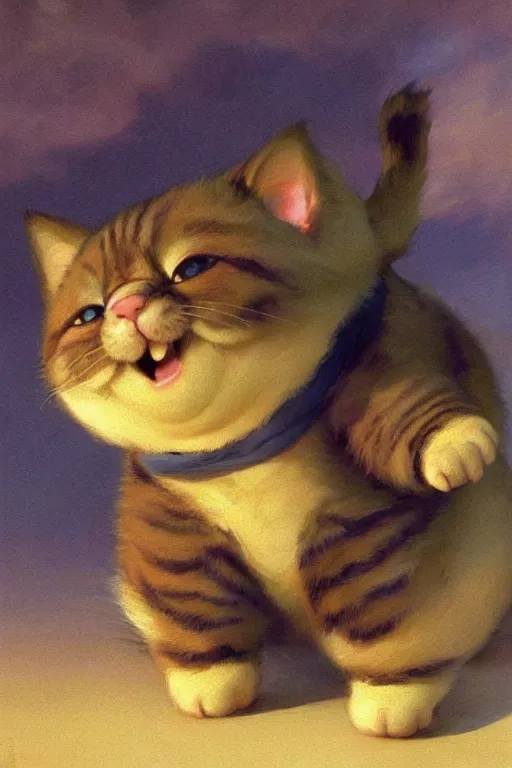 Prompt: a very cute kawai little fat baby cat smiling and proud from dr slump, beautiful painting by louis remy mignot, greg rutkowski, ilya repin, nice lighting, smooth tiny details, soft and clear shadows, low contrast, perfect