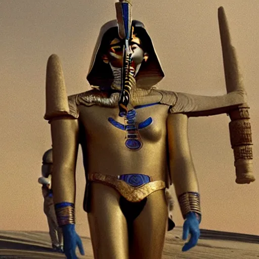 Image similar to the annunaki have returned to egypt wearing space suits that look like egyptian pharoah head - dresses and breathing hoses that look like elephant trunks - in star wars episode 3