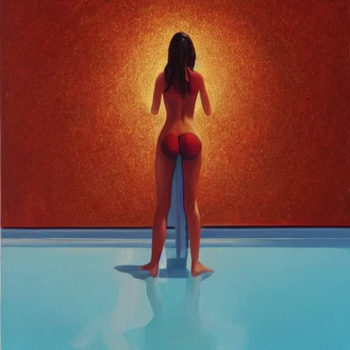 Image similar to Emily Ratajkowski with beautiful face and full body laying in a blood red pool of water between a bright golden glowing mirror frame, outside is space and inside the mirror frame is a beautiful landscape. Hyperrealistic surreal 4K IMAX Rene Margritte intricate, elegant, highly detailed, digital painting, artstation, concept art, smooth, sharp focus, illustration, art by artgerm and greg rutkowski and alphonse mucha