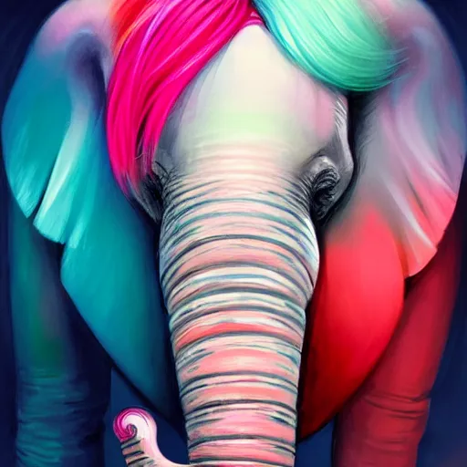 Prompt: colorful and festive elephant with pink hair,. rich vivid colors, ambient lighting, dynamic lighting, 4 k, atmospheric lighting, painted, intricate, highly detailed by charlie bowater