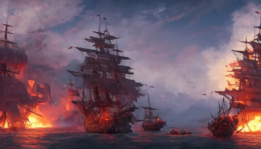 Prompt: A highly detailed matte painting of huge pirate ship battle with fire, smokes and explosions by Studio Ghibli, Makoto Shinkai, by Artgerm, by WLOP, by Greg Rutkowski, volumetric lighting, octane render, 4K resolution, trending on artstation, masterpiece