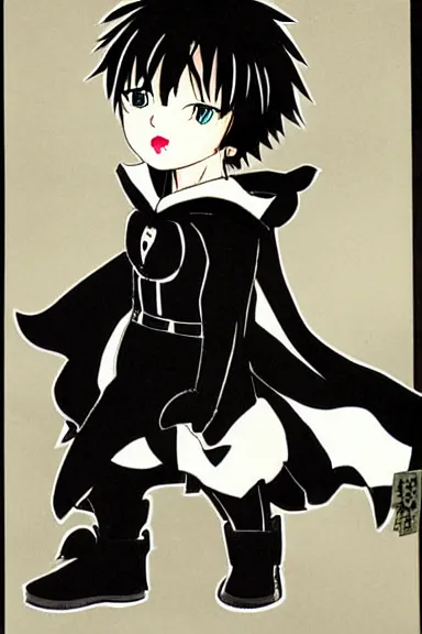 Image similar to attractive little boy in black cat suit with cape, black and white artwork made by hiroshiko araki,