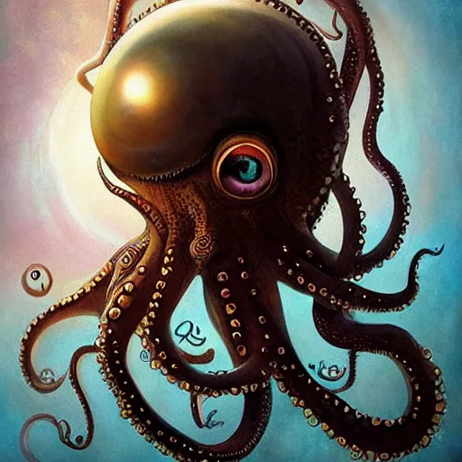 Image similar to queen octopus with a giant eyeball pearl head by Anato Finnstark, Tom Bagshaw, Brom