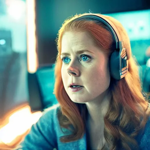 Image similar to a still of Amy Adams playing videogames, in the movie Arrival, highly detailed and intricate, bokeh, sharp image, cinematic lighting, 8k HDR