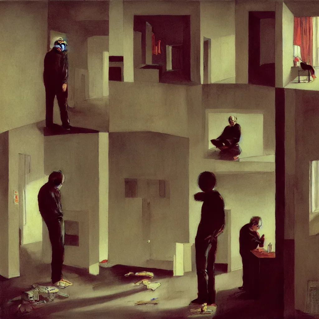 Prompt: weird and disturbing portrait of todd solondz standing alone in an empty appartment, vivid colors, neon, art by gregory crewdson and francis bacon and artgerm and wlop and william - adolphe bouguereau