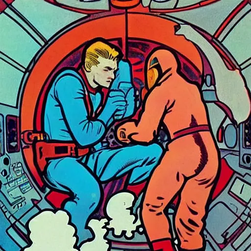 Image similar to a man with red hair, floating in space. he is an astronaut, wearing a space suit. he is fixing his space rocket. well composed, clean elegant painting, beautiful detailed face. retro comic book art by steve ditko and jack kirby and ( alphonse mucha )