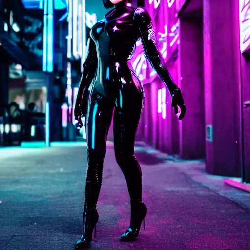 Image similar to catwoman in black latex suit walking through cyberpunk city, neon lights, wide long shot, 4 k, photography, cinematic