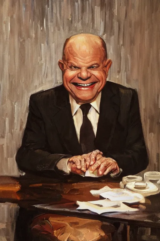 Prompt: portrait of laughing don rickles seated behind a table, oil painting by wilson mclean, sharp focus, masterpiece, highly detailed