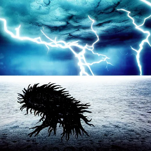 Image similar to nightmare monster emerging from sea surface, but monster is dendritic, thunderstorm in background, ultra realistic, raytracing, color