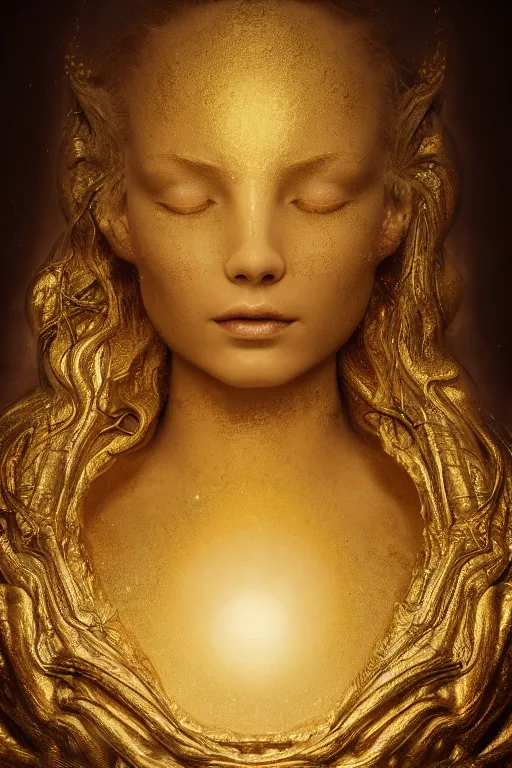 Prompt: Hyper realistic portrait of a goddess floating in the middle of ancient sky, gold fluid simulation in the background, Cinematic lighting, ultra super good realistic 3D render by Pete Morbacher and Emil Melmoth, symmetry, insanely detailed, trending on artstation, 8k