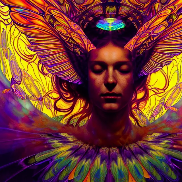 Image similar to psychedelic transcendent cyborg mind bending psychedelic wings of glossy liquid honey flowing like kaleidoscopic translucent holograph, lsd feathers, honey wind, enlightenment, high contrast dappled lighting, refracted sunset, highly detailed, concept art, art by collier, albert aublet, krenz cushart, artem demura, alphonse mucha