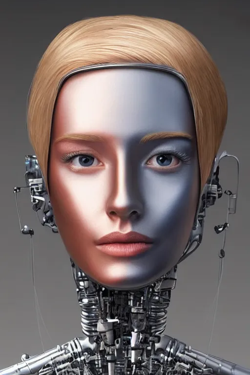 Image similar to robot with human face, female head, full body angle, woman human face, human face realistic, beautiful blonde hair, human head, human head with blonde hair, blonde hair human head, blonde hair, human realistic face, human head skin, cyborg frame concept, cyborg by ales-kotnik, sci-fi android female, the body is made of wires, robotic body, cyborg body, cyborg bust body, robot body cyborg, full body