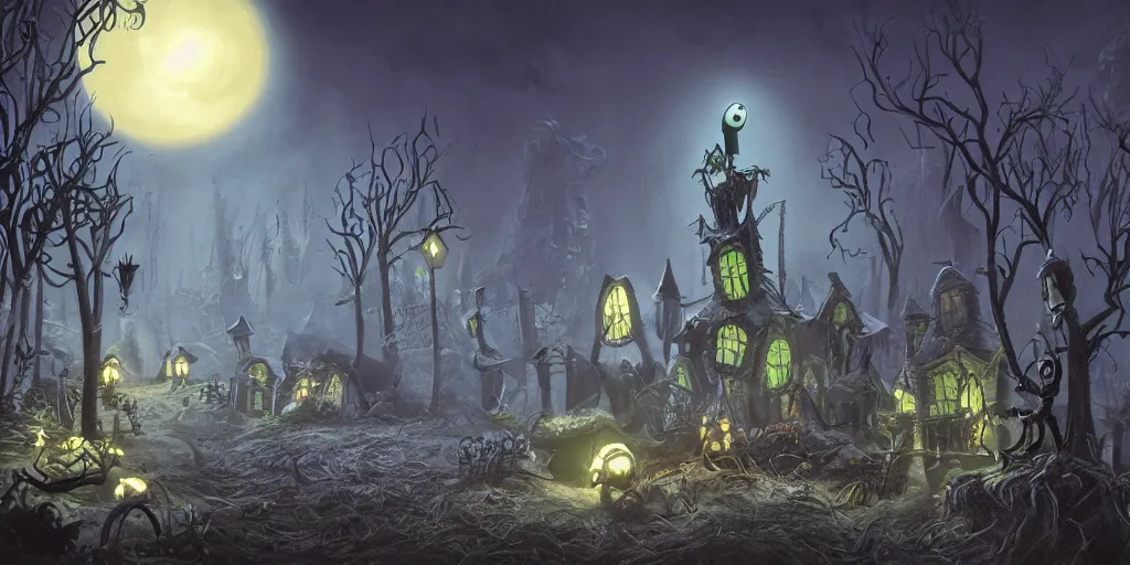 Prompt: an environmental concept art of the nightmare before christmas, highly detailed, environmental light, cinematic by francis tneh