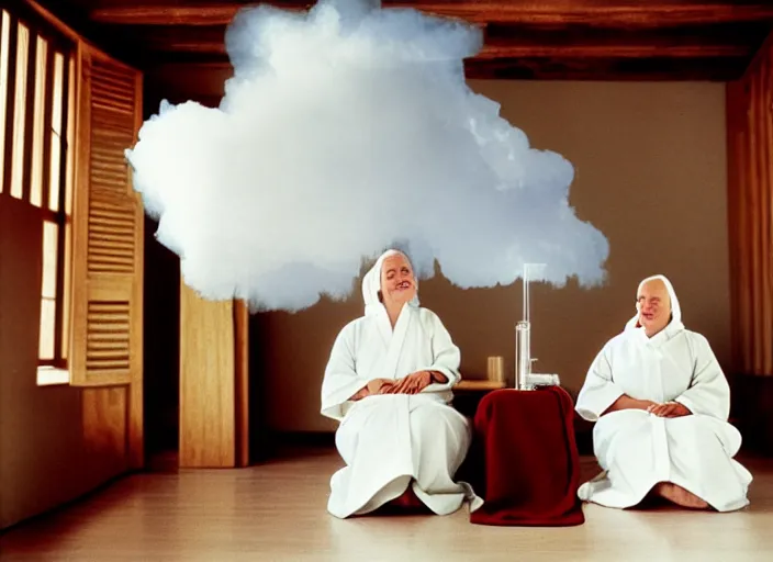 Prompt: realistic photo of a two medieval female monks scientists wearing white cotton robes, doing an experiment with a cloud, living room interior is made of wood 1 9 9 0, life magazine reportage photo, natural colors