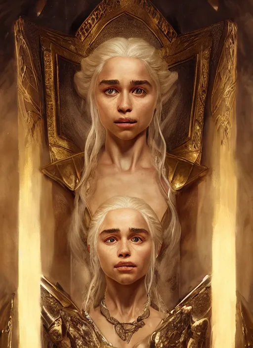 Image similar to cinematic portrait painting daenerys targaryen in fantastic dress aside dragon, royally decorated crystal gemstones incrustations, medium shot, clear symmetrical face enhancement, by lawrence alma - tadema, jaime jones, greg rutkowski, volumetric lights, deviantart contest winner, artstation, fantasy art, highly detailed, golden ratio