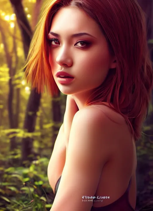 Image similar to photo of a gorgeous female in the style of stefan kostic, realistic, professionally, professionally color graded, half body shot, sharp focus, 8 k high definition, insanely detailed, intricate, elegant, art by stanley lau and artgerm, blurred forest in background