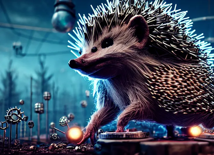 Image similar to intricate hedgehog with metal nails instead of needles, on the background of a weird magical mechanical forest. Very detailed 8k. Fantasy cyberpunk horror. Sharp. Cinematic post-processing. Unreal engine. Nanite. Ray tracing. Parallax. Tessellation